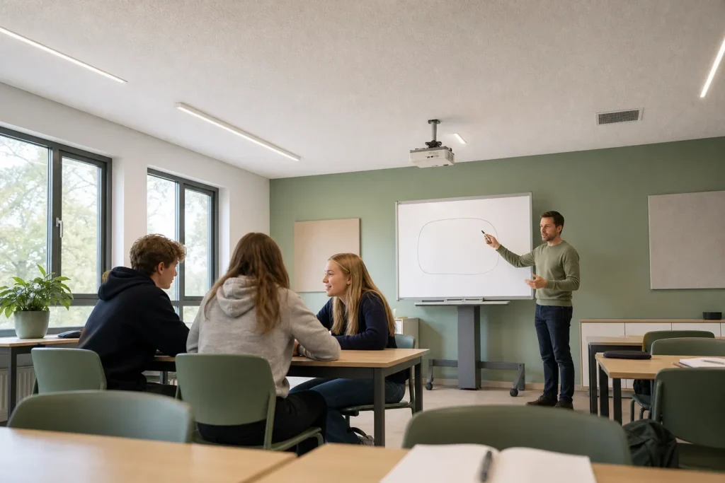 Akoestiek klaslokaal en verstaanbaarheid tijdens de les: Drie leerlingen zitten aan één tafel in een losse driehoek, terwijl één docent naast een verrijdbaar whiteboard staat; geen zichtbare schoolnamen, logo’s of leesbare tekst.; De docent