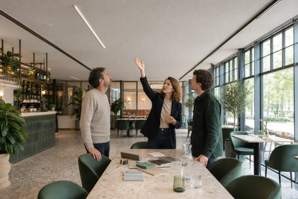 Akoestiek restaurant verbeteren bij galm en drukte: Drie volwassen personen: een restauranteigenaar, een interieurprofessional en een medewerker, staand rond één lange ongedekte eettafel; geen zichtbare logo’s, merknamen of leesbare; De int