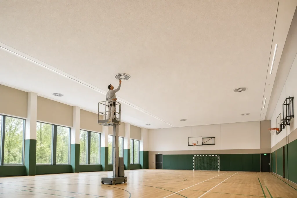 Akoestiek sporthal verbeteren bij storende galm: Eén volwassen akoestiekspecialist in neutrale, ongebrandede werkkleding staat alleen op een compacte hoogwerker nabij de zijlijn; geen herkenbare gezichten, merken of leesbare tek; De special