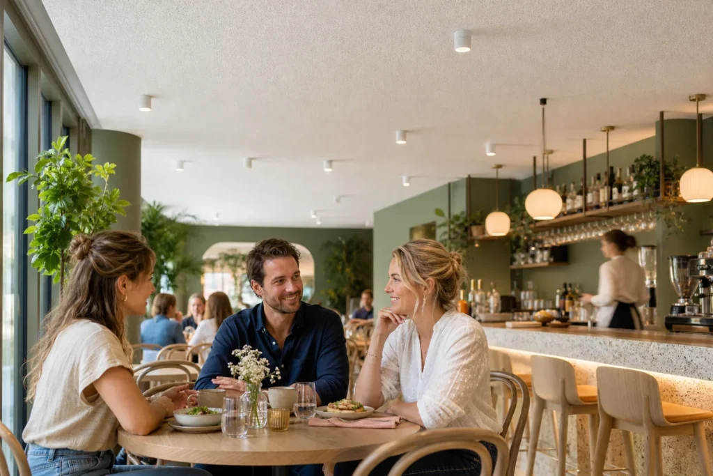 Waarom akoestiek horeca invloed heeft op uw gastbeleving: Drie volwassen gasten zitten aan één ronde tafel in ontspannen gesprek; op de achtergrond beweegt een medewerker onscherp langs de bar, zonder zichtbare bedrijfsnamen of branding.; D