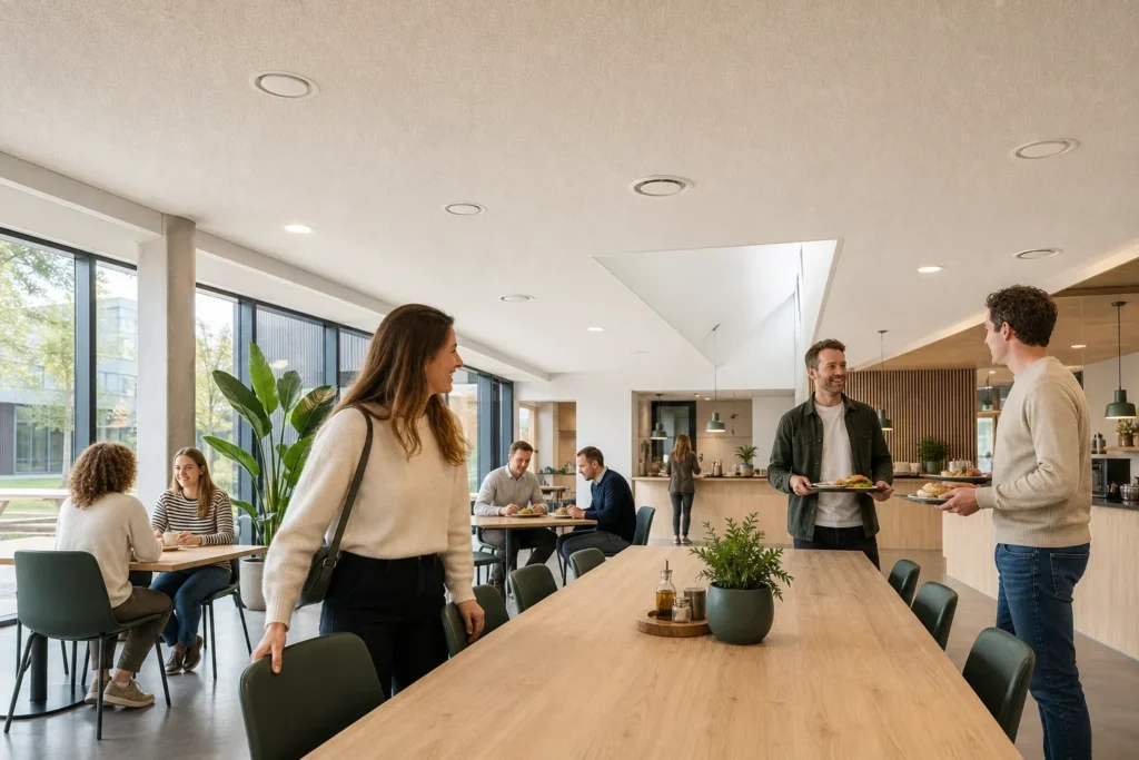 Waarom akoestiek kantine aandacht vraagt: Zes volwassen collega’s zonder herkenbare kenmerken staan en zitten verspreid in kleine groepjes; geen logo’s, merknamen of leesbare teksten zijn zichtbaar.; Op de voorgrond schuift een collega een