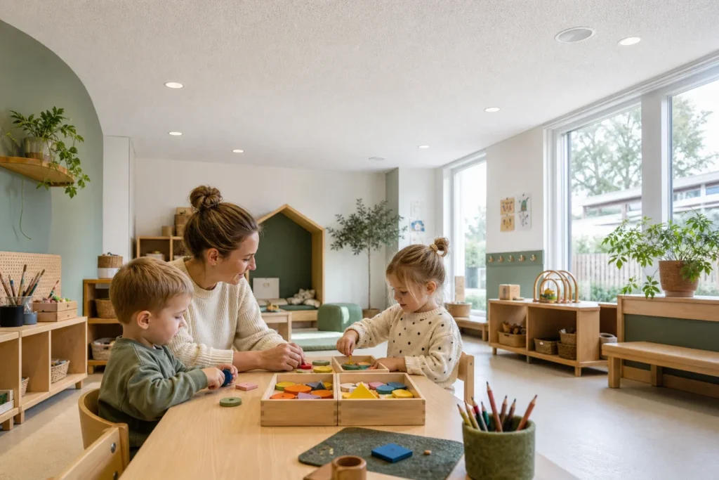 Waarom akoestiek kinderdagverblijf aandacht vraagt: Eén pedagogisch medewerker zit op kinderhoogte naast twee jonge kinderen aan de lage werktafel, van opzij gezien en zonder herkenbare namen, logo’s of teksten.; De begeleider en kinderen s