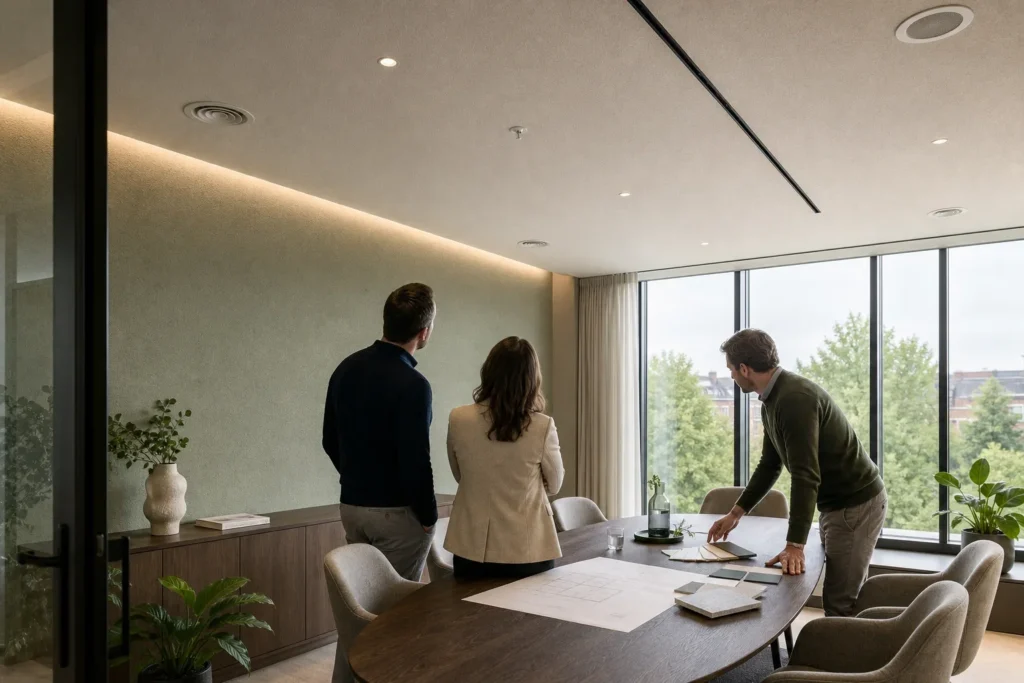 Waarom akoestiek vergaderruimte aandacht vraagt: Drie volwassen collega’s staan verspreid aan één zijde van de tafel; zij zijn op afstand en deels van achteren gefotografeerd, zonder herkenbare gezichten, merken of leesbare papie; Een colle