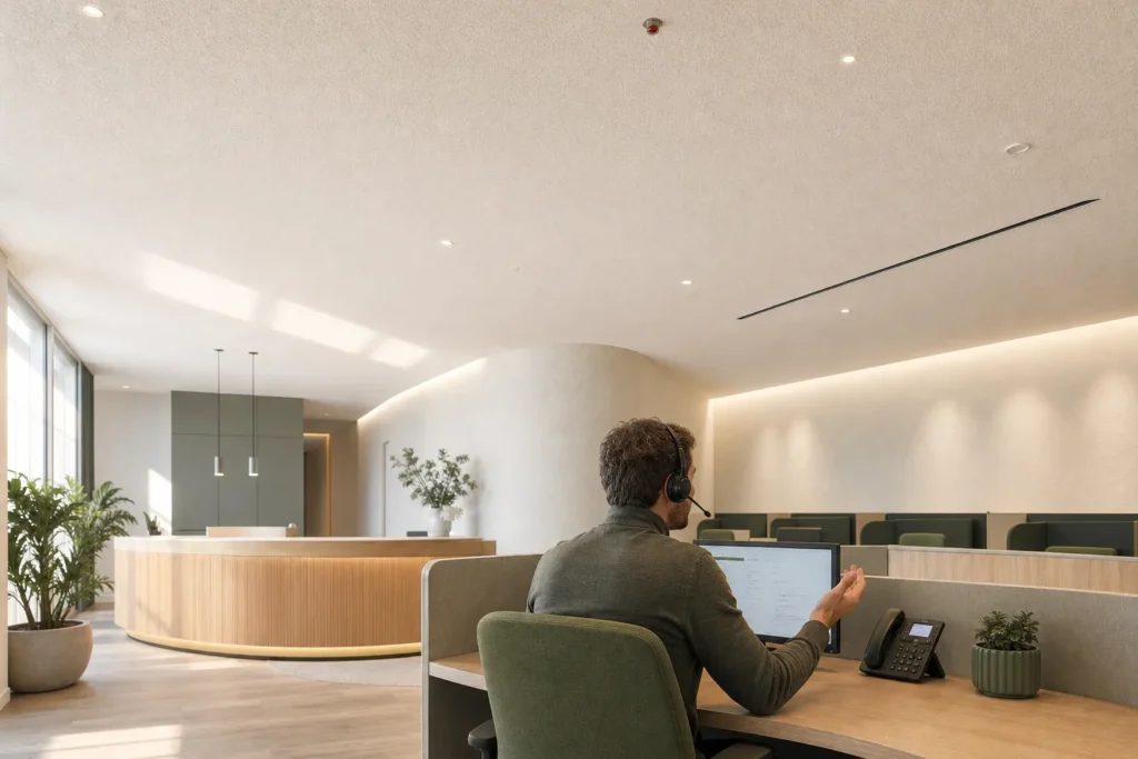 Akoestiek callcenter verbeteren zonder zichtbare panelen: Eén volwassen medewerker zit alleen aan een afgeronde werkplek, van achteren en in driekwart profiel gefotografeerd, zonder herkenbare branding of leesbare scherminhoud.; De medewerk