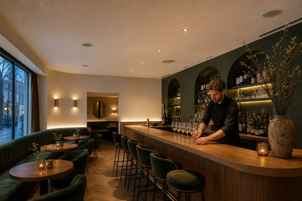 Akoestiek horeca verbeteren zonder zichtbare panelen: Eén volwassen medewerker staat alleen in de ruimte, zonder zichtbare bedrijfsnamen, logo’s of leesbare teksten.; De medewerker zet rustig een rij ongebrandmerkte glazen recht op de bar,