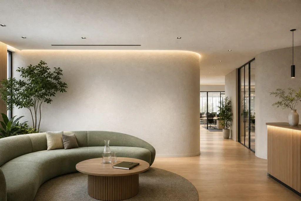 Akoestiek kantoor verbeteren zonder zichtbare panelen: Geen personen; de lege maar duidelijk gebruikte ontvangstzone laat de architectuur en de naadloze akoestische afwerking volledig spreken, zonder zichtbare logo’s, merken of lees; Een st