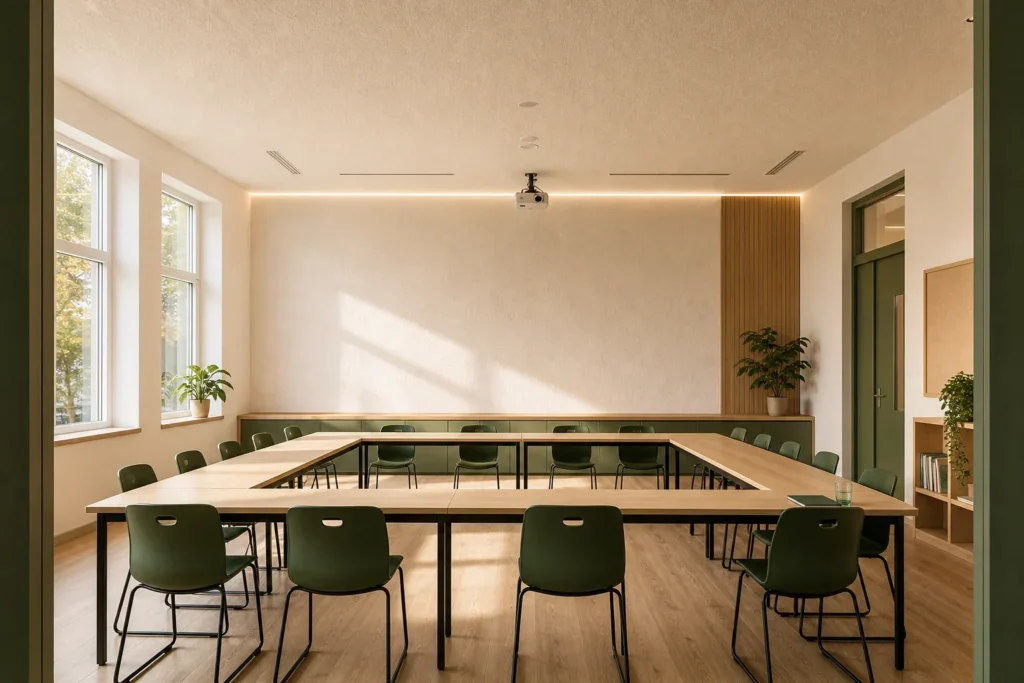 Akoestiek klaslokaal verbeteren zonder zichtbare panelen: Geen personen; de ruimte zelf is het onderwerp, zonder zichtbare schoolnamen, logo’s of leesbare tekst.; Een stille pauze tussen lessen, met aangeschoven stoelen en een open, ordelij