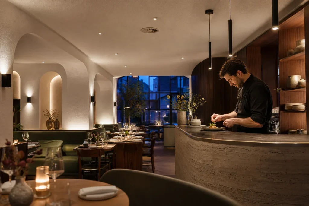 Akoestiek restaurant verbeteren met een naadloze afwerking: Eén volwassen chef-kok staat alleen achter de open bar, deels van opzij gezien; geen zichtbare logo’s, merknamen of leesbare tekst.; De chef legt zorgvuldig de laatste garnering op