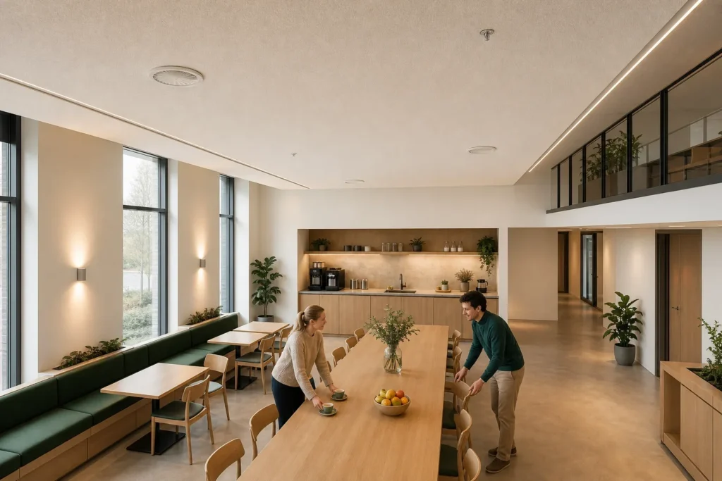 Een oplossing voor akoestiek kantine kiezen: Twee volwassen collega’s zonder herkenbare kenmerken bevinden zich aan weerszijden van de lange tafel; geen logo’s, merknamen of leesbare teksten zijn zichtbaar; Een collega zet twee kopjes en ee