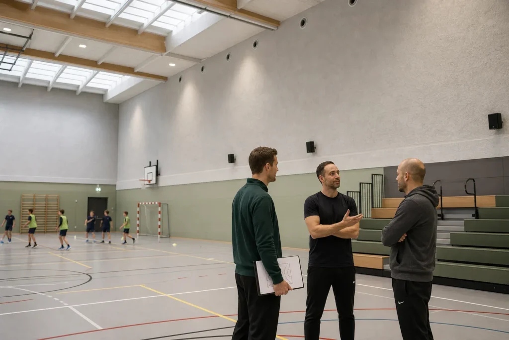 Een passende aanpak voor akoestiek sporthal: Drie volwassen begeleiders in eenvoudige, ongebrandede sportkleding staan verspreid langs de rand van het veld; de spelers zelf blijven onscherp en klein op de achtergrond, zonder; De begeleiders