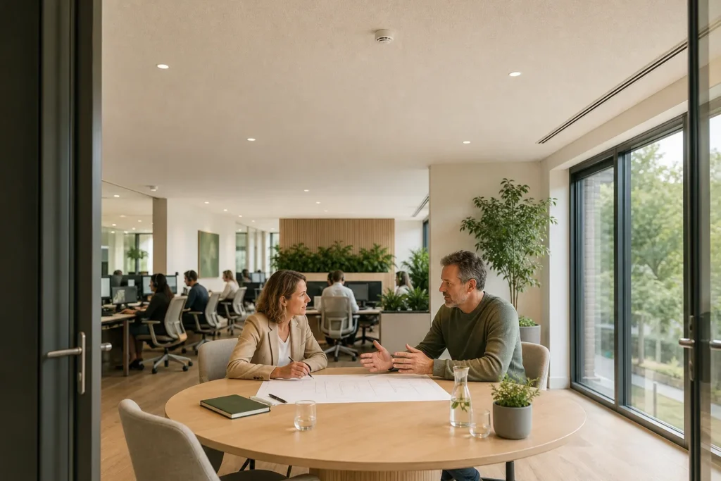 Akoestiek callcenter verbeteren zonder zichtbare panelen: Twee volwassen collega’s zitten tegenover elkaar aan de ronde tafel, op enige afstand van de actieve belwerkplekken die slechts zacht onscherp op de achtergrond zichtbaar zijn; er; D