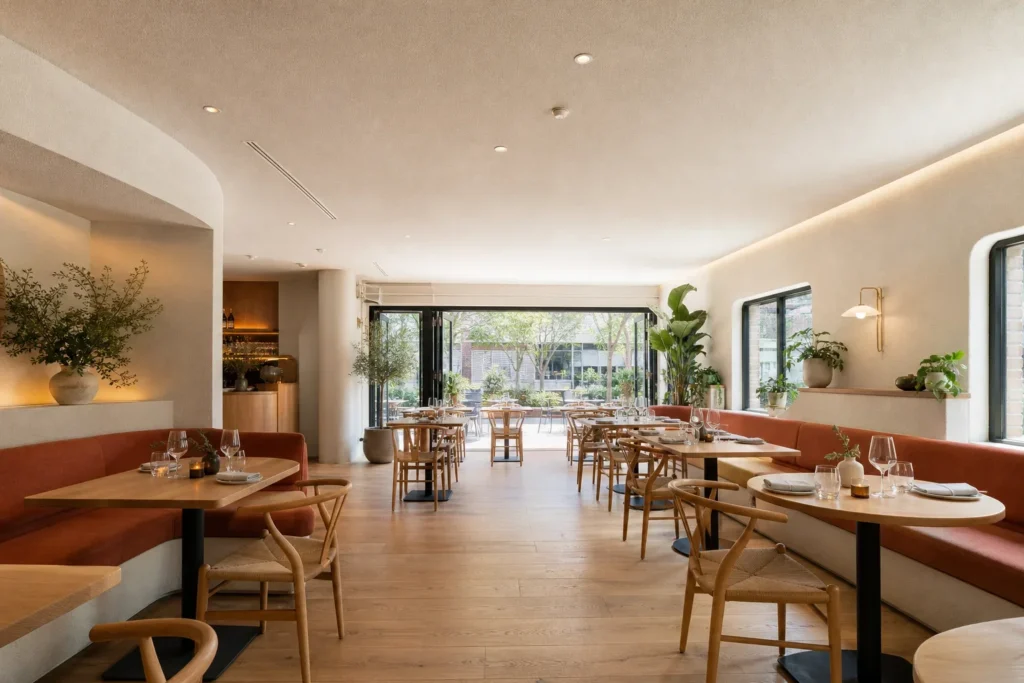 Akoestiek horeca verbeteren zonder zichtbare panelen: Geen mensen; de gastvrije horecaruimte staat volledig centraal.; Een zorgvuldig gedekte reeks tafels wacht op het volgende service-moment, met ongebrandmerkte glazen, linnen servetten en
