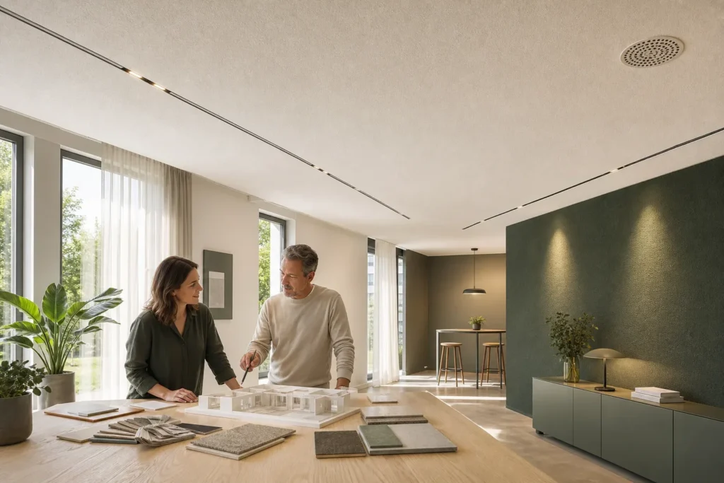 Akoestiek kantoor verbeteren zonder zichtbare panelen: Twee volwassen collega’s staan naast elkaar aan de werktafel, informeel naar elkaar toe gedraaid, zonder zichtbare bedrijfsnamen, logo’s of leesbare documenten.; Zij bespreken zachtjes