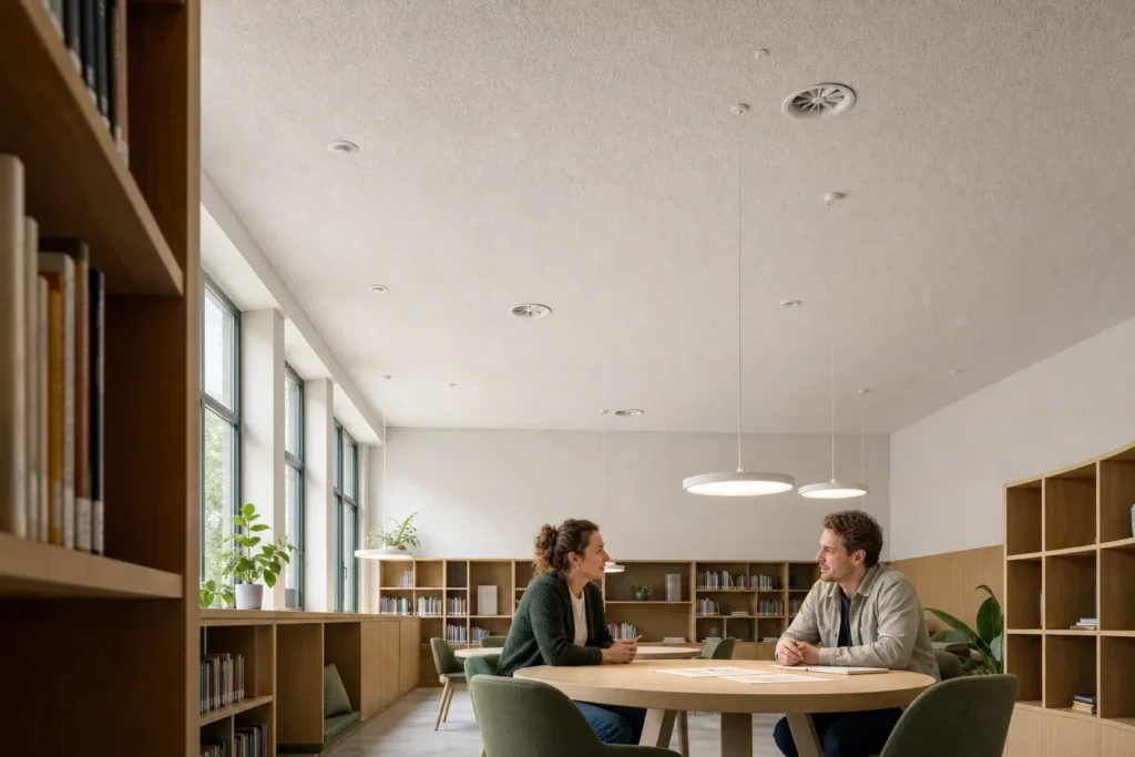 Akoestiek klaslokaal verbeteren zonder zichtbare panelen: Twee volwassenen: een docent en een onderwijsassistent zitten schuin tegenover elkaar aan één ronde tafel; geen leerlingen, schoolnamen, logo’s of leesbare tekst.; Zij voeren op rust