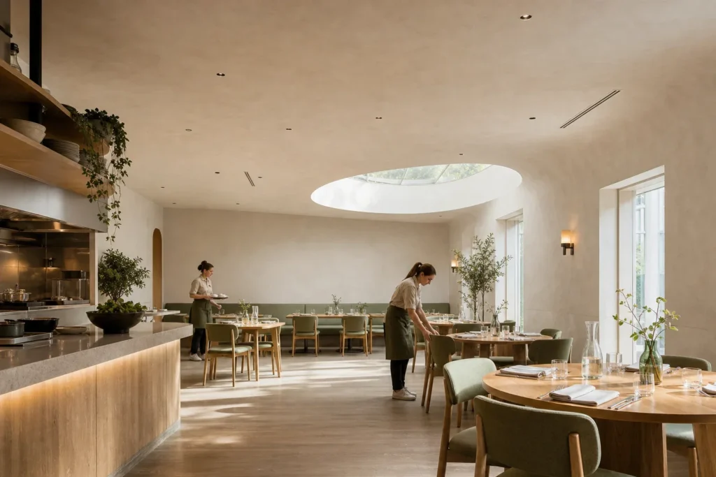 Akoestiek restaurant verbeteren met een naadloze afwerking: Twee volwassen restaurantmedewerkers staan op afstand van elkaar in de lege eetzaal; één draagt servies naar een tafel, de ander zet een stoel recht. Geen logo’s, merknamen of lees