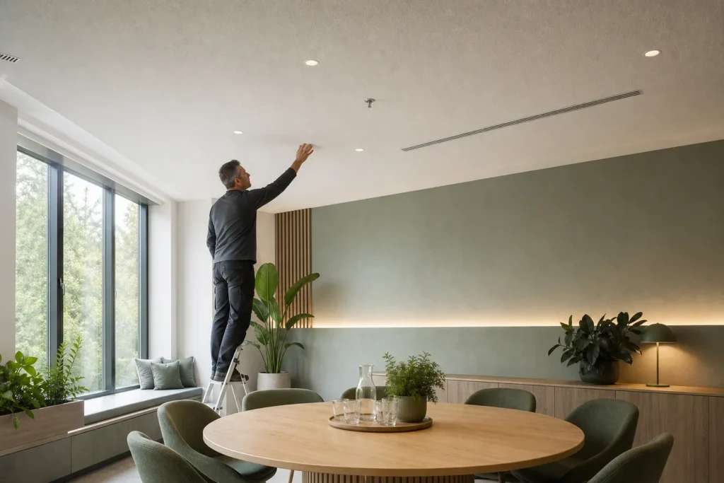 Akoestiek vergaderruimte afstemmen op ruimte en interieur: Eén volwassen facilitair medewerker is alleen aanwezig, onherkenbaar in zijaanzicht en zonder zichtbare merken, tekst of scherminhoud.; De medewerker staat op een kleine opstap en i