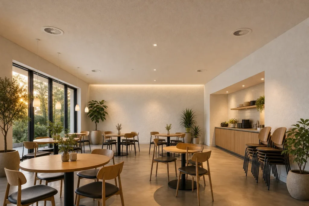 Een oplossing voor akoestiek kantine kiezen: Geen mensen in beeld; de ruimte staat volledig centraal en bevat geen logo’s, merknamen of leesbare teksten.; Een zorgvuldig opgeruimd moment na gebruik, waarin de kantine zichtbaar klaarstaat vo