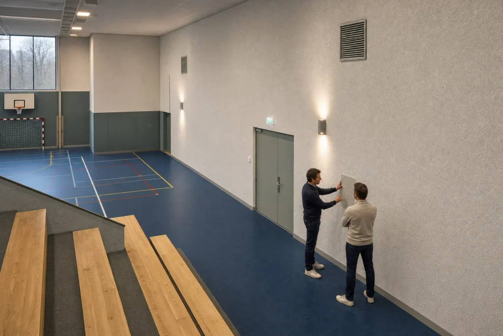 Een passende aanpak voor akoestiek sporthal: Twee volwassen projectverantwoordelijken in nette, ongebrandede alledaagse kleding staan samen bij de tribune; zij zijn op afstand gefotografeerd en niet herkenbaar.; Zij testen de verstaanbaarhe