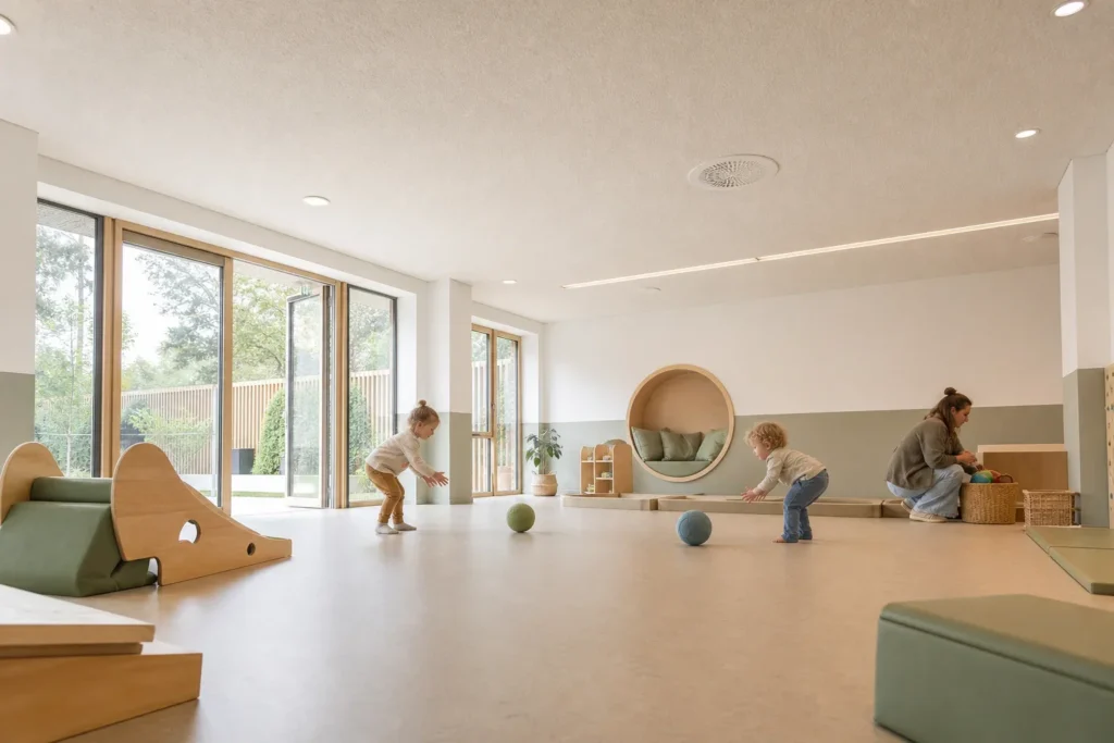 Een passende oplossing voor akoestiek kinderdagverblijf: Twee jonge kinderen en één pedagogisch medewerker bevinden zich los van elkaar in de ruimte, klein in beeld en natuurlijk in beweging; geen herkenbare namen, logo’s of leesbare tek; D