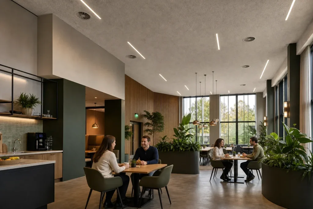 Akoestiek kantine afstemmen op plafond en interieur: Vier volwassen collega’s zonder herkenbare kenmerken zitten verdeeld aan twee verschillende tafels; geen logo’s, merknamen of leesbare teksten zijn zichtbaar.; Twee collega’s voeren een o
