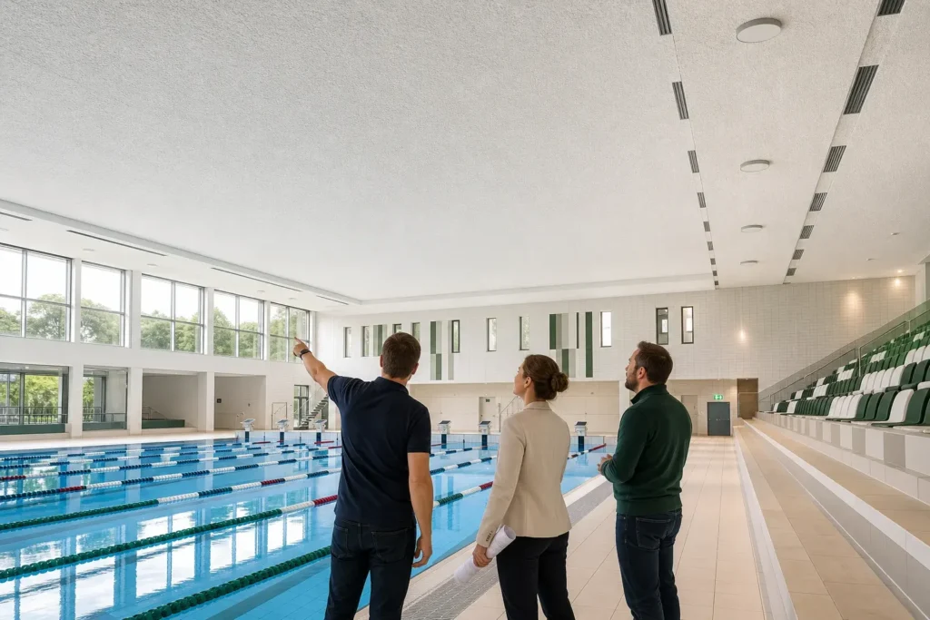 De juiste aanpak voor akoestiek zwembad: Drie volwassenen — een architect, zwembadbeheerder en akoestisch specialist — staan verspreid langs de brede droge badrand, van achteren of in profiel gefotografeerd zonder herkenn; De specialist en