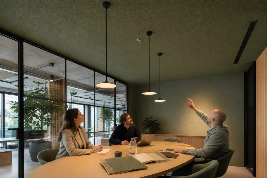Een aanpak op maat voor akoestiek kantoor: Drie volwassen professionals zitten verspreid rond de ovale tafel, zonder zichtbare bedrijfsnamen, logo’s of leesbare documenten; één persoon kijkt aandachtig omhoog naar het plaf; Tijdens een kort