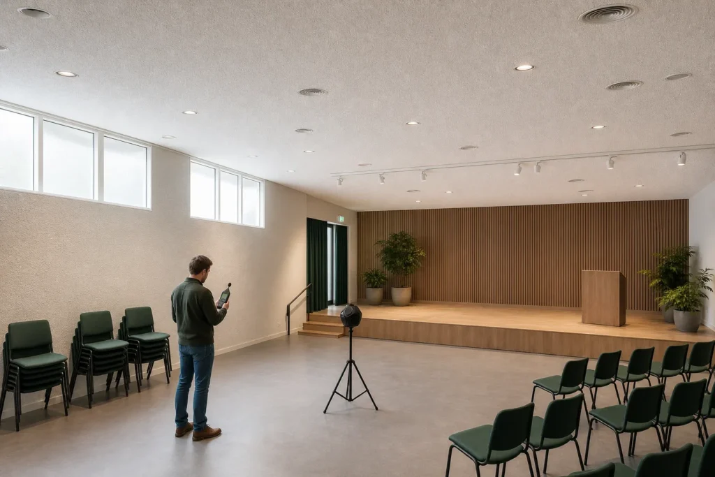 Van analyse naar een passend advies voor onderwijsruimtes: Eén akoestisch adviseur staat alleen in de ruimte; geen herkenbare schoolnaam, logo’s of leesbare teksten.; De adviseur voert een ruimtemeting uit met een compacte handmeter, terwij