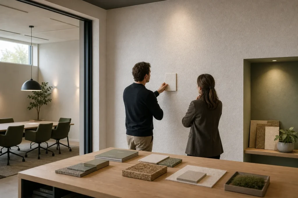Van analyse naar vakkundige uitvoering: Twee volwassen professionals zijn aanwezig, gefotografeerd in silhouetachtig driekwart achteraanzicht zonder herkenbare gezichten, merken of leesbare documenten.; Een akoestisch specialist houdt een k