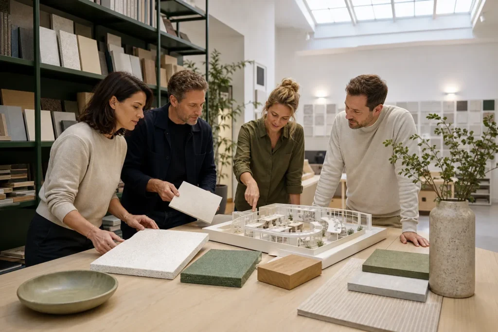Van geluidsanalyse naar passende uitvoering: Vier volwassen projectbetrokkenen staan losjes gegroepeerd rond de werkbank: een interieurarchitect, een opdrachtgever en twee medewerkers, zonder herkenbare bedrijfsuitingen of le; Ze vergelijke