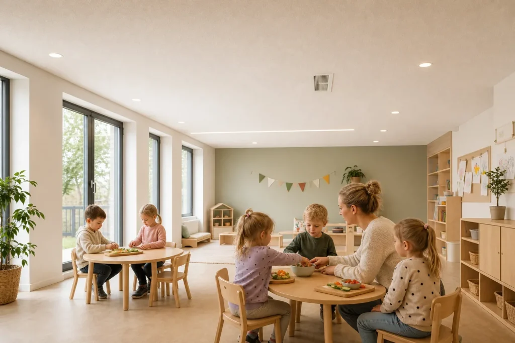 Waar let u op bij de keuze voor akoestische afwerking?: Vier jonge kinderen zitten verspreid over twee lage tafels, begeleid door één pedagogisch medewerker die op kinderhoogte aan de rand van de groep zit; geen namen, logo’s of leesb​​; De