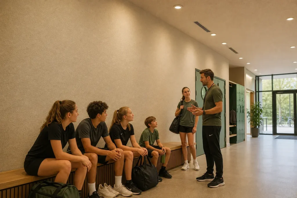 Wat een goede sporthalakoestiek in de praktijk oplevert: Vijf sporters van verschillende leeftijden in eenvoudige, ongebrandede trainingskleding zitten en staan losjes bij de bank; een volwassen trainer staat dichtbij hen met het gezicht; D