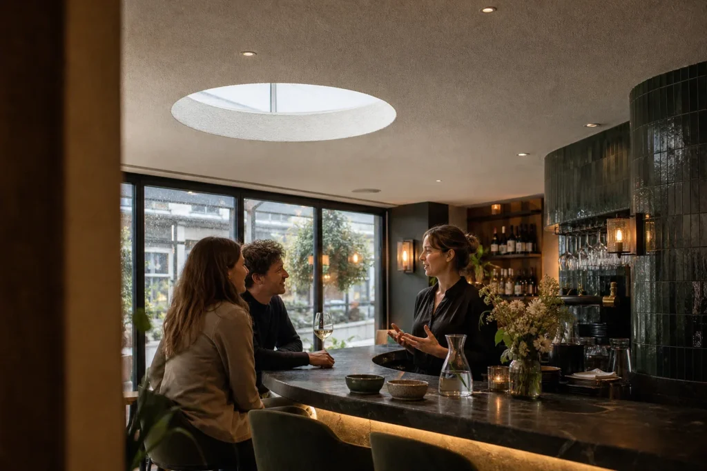 Comfort voor gasten en medewerkers in balans: Drie volwassenen: twee gasten zitten naast elkaar aan de gebogen bar, terwijl één bedieningsmedewerker aan de andere zijde op ontspannen afstand aandachtig met hen spreekt. Geen zi; De medewerke
