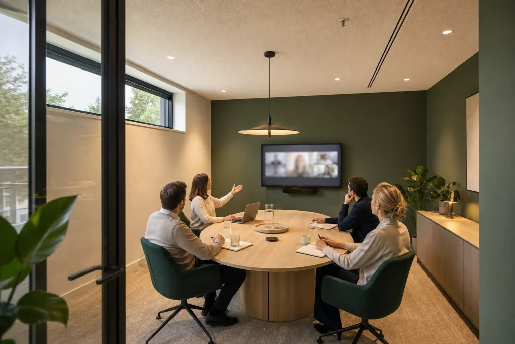 Een comfortabele ruimte voor overleg en concentratie: Vier volwassen collega’s zitten verspreid rond de tafel; zij zijn op natuurlijke afstand gefotografeerd, zonder herkenbare gezichten, zichtbare merken of leesbare scherminhoud.; Tijdens