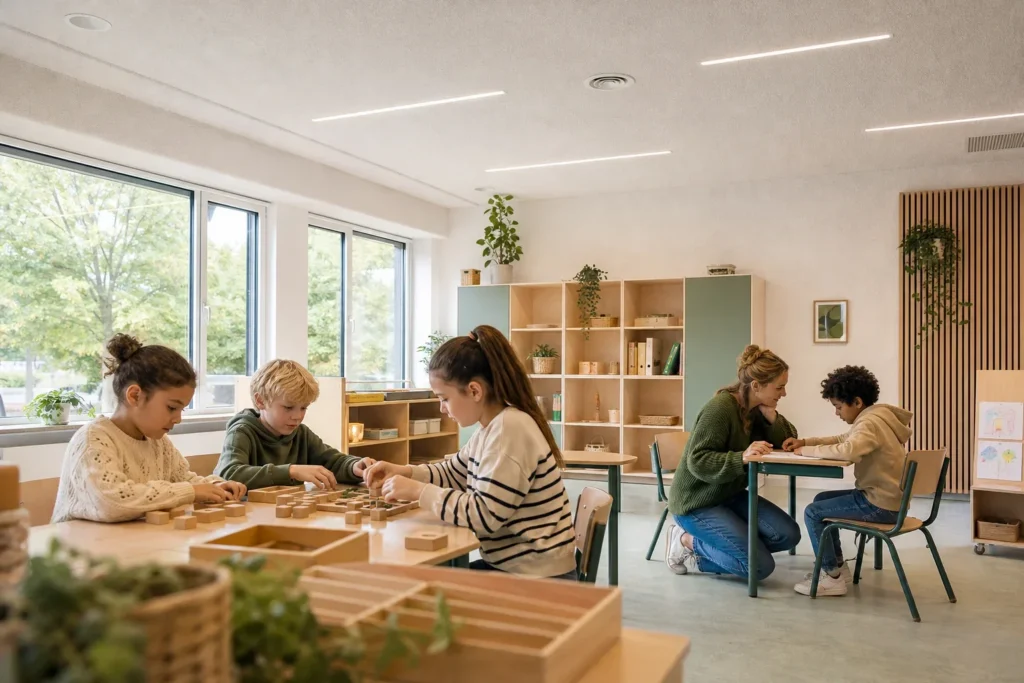 Een duurzame afwerking die aansluit bij het gebruik: Vier leerlingen en één docent, natuurlijk verspreid door het lokaal; geen schoolnamen, logo’s of leesbare teksten zichtbaar.; Drie leerlingen werken rustig samen aan een tastbare bouw- of