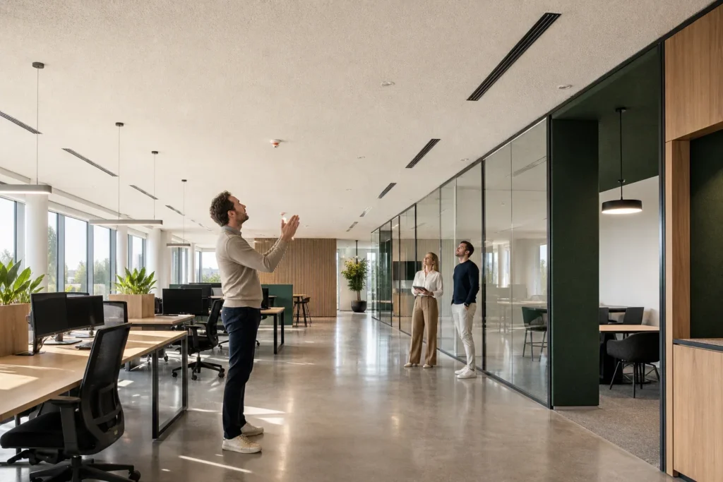 Ontwerpkeuzes voor akoestiek callcenter: Drie volwassen projectmedewerkers staan verspreid in de open ruimte: één persoon bij een werkplekeiland op de voorgrond en twee collega’s verderop bij een glazen wand, zonder herle; De persoon op de