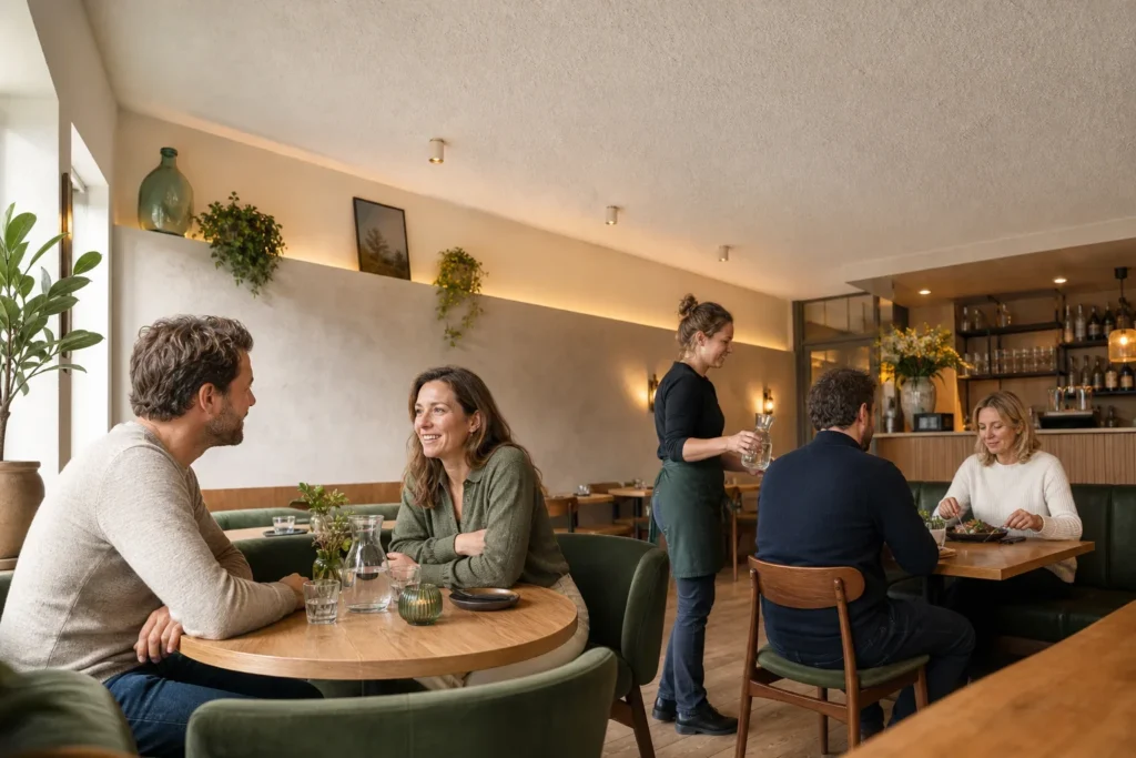 Rust en verstaanbaarheid voor gasten en medewerkers: Vier volwassen gasten zitten verdeeld over twee nabijgelegen tafels en een volwassen bedieningsmedewerker beweegt op de achtergrond; niemand kijkt in de camera en er zijn geen logo; Twee