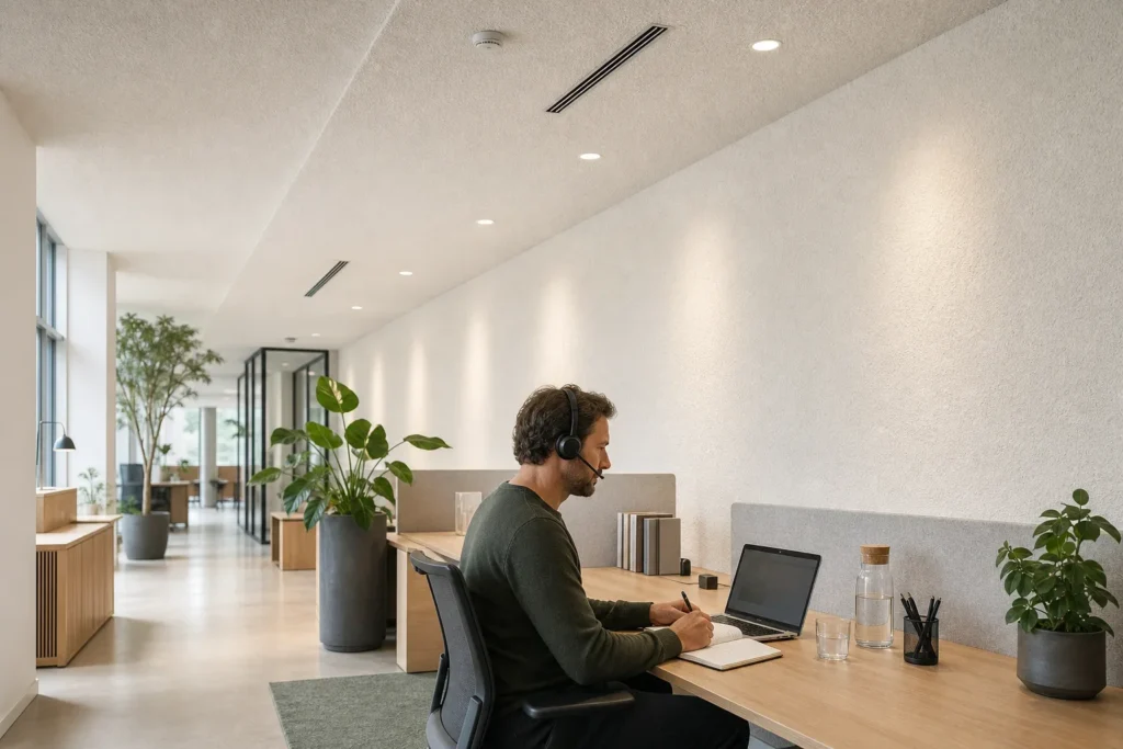 Waar u bij akoestiek kantoor op let: Eén volwassen professional zit alleen aan een opgeruimd bureau, van opzij gezien, zonder zichtbare bedrijfsnamen, logo’s of leesbare scherminhoud.; De medewerker voert geconcentreerd een kort videogespre