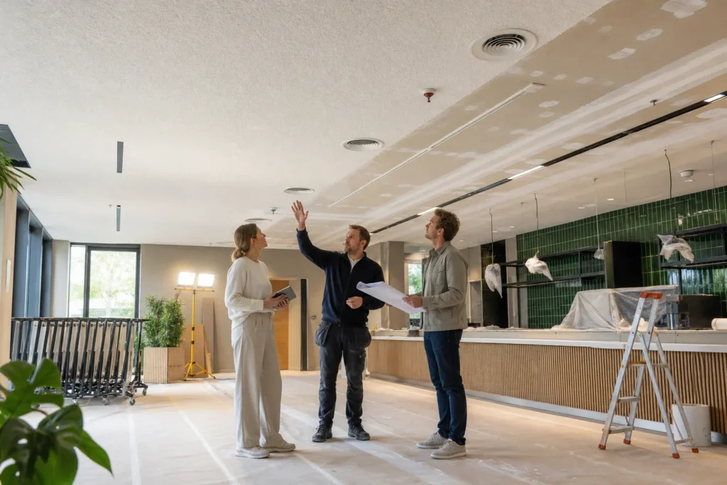 Wanneer is akoestiek kantine onderdeel van renovatie?: Drie volwassen renovatieprofessionals zonder herkenbare kenmerken: een interieurontwerper, een installateur en een akoestisch vakpersoon; geen logo’s, merknamen of leesbare teksten; De